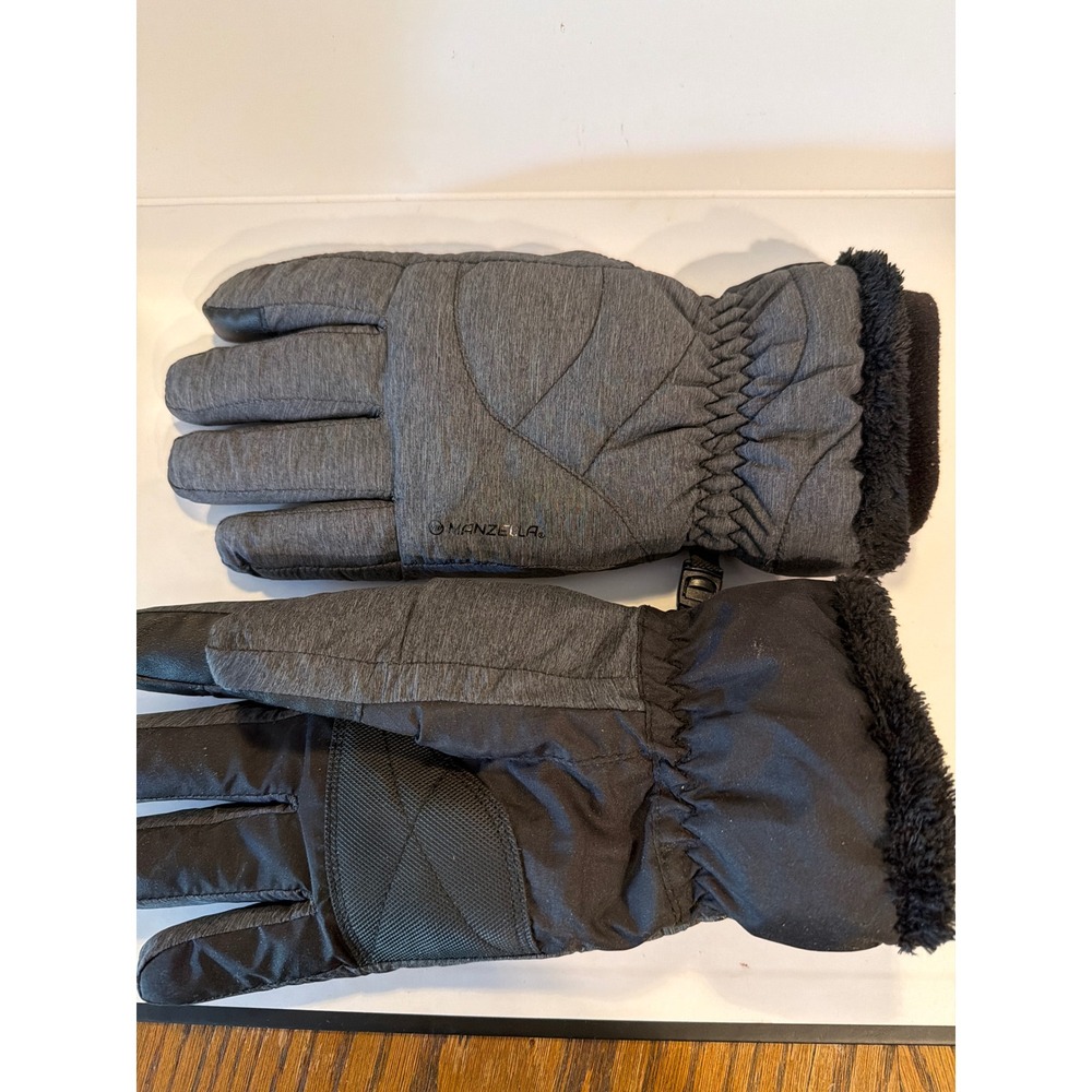Manzella Womens Insulated Winter Gloves Heather Grey Black Faux Fur Trim Fleece